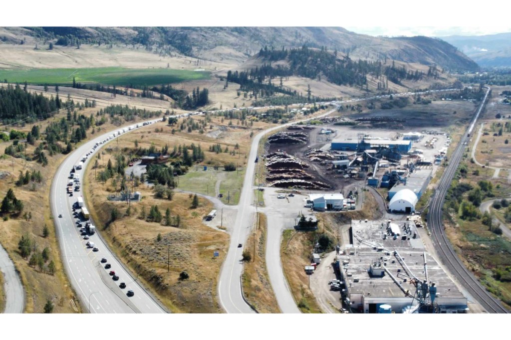 Traffic backed up on Highway 5 on Sunday afternoon near Tolko mill near Heffley Creek following a fuel spill that closed the road in both directions overnight.