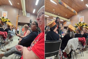 Former Chief Garry Feschuk looking at all the shíshálh Indian Residential School
students receiving Honourary Certificates of Graduation, presented by School District 46.
Board Chair Amanda Amaral, Sunshine Coast School District 46, presents Honourary Certificates of Graduation