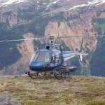 A helicopter lands on top of the Kerr deposit overlooking the Sulphurets deposit at Seabridge Gold's flagship KSM project.
