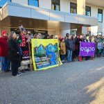 Supporters of Sleydo' (Molly Wickham), Shaylynn Sampson, and Corey Jocko gather outside the Smithers courthouse on Oct. 15 prior to their sentencing hearing getting under way.