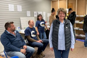 Sharon Hartwell celebrates her victory at her campaign headquarters in Smithers Oct. 19, 2024.