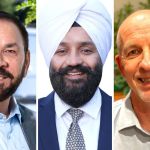 The 2024 B.C. election candidates in Surrey-Fleetwood were, from left, Jagrup Brar (B.C. NDP), Avtar Gill (Conservative Party) and Tim Binnema (B.C. Green Party). Brar is set to win again for the NDP.