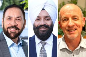 The 2024 B.C. election candidates in Surrey-Fleetwood were, from left, Jagrup Brar (B.C. NDP), Avtar Gill (Conservative Party) and Tim Binnema (B.C. Green Party). Brar is set to win again for the NDP.