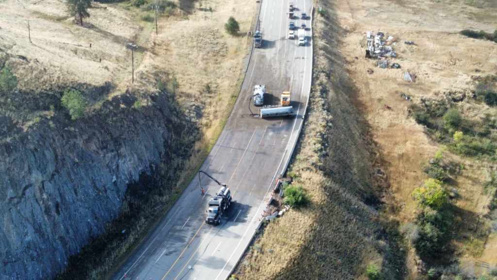 On Sat. Sept. 14 a fuel tanker trailer rolled over on Highway 5 near the Tournament Capital playing fields north of Kamloops spill fuel and shutting down the highway in both directions.