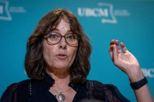 B.C. Greens Leader Sonia Furstenau, here seen speaking to media in Vancouver on September 20, 2024, high marks for her debate performance.  (THE CANADIAN PRESS/Ethan Cairns)
