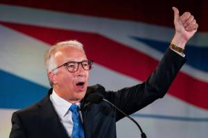 B.C. Conservative Leader John Rustad gives a thumbs up after addressing supporters on election night in Vancouver, on Saturday, Oct. 19, 2024. (THE CANADIAN PRESS/Ethan Cairns)