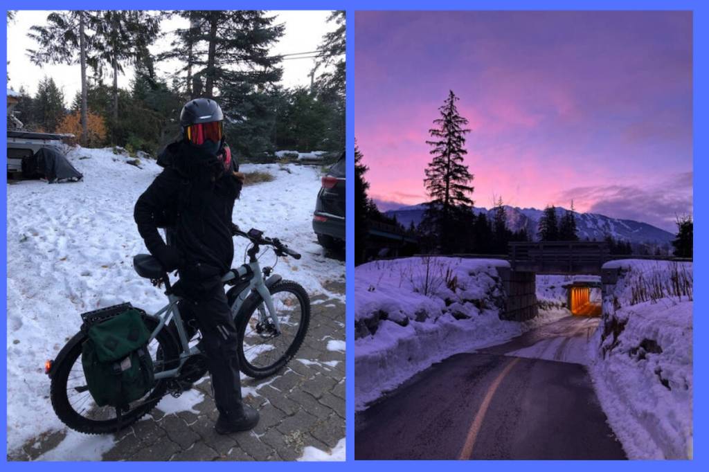 Whistler’s Rose Lawrence describes winter cycling as her favourite time to ride. “I love seeing the days getting lighter every day past the winter solstice. The crisp air and the quiet trails create a magical world for bikers.” Photo courtesy of Go By Bike.