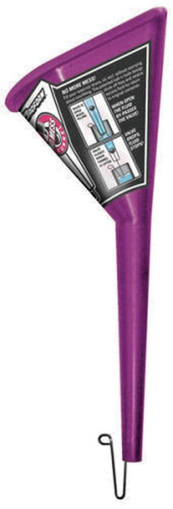 The No-Mess Funnel helps prevent overspills with a patented ball-and-hook design that opens up the funnel spout to allow virtually any type of liquid to flow.