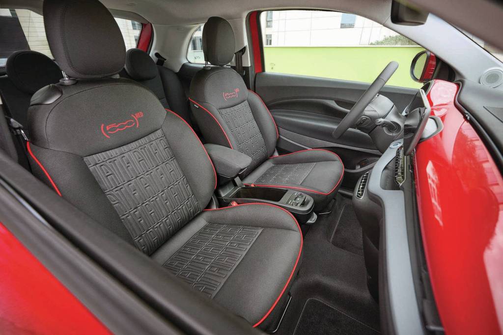 The 500e’s front seats are well bolstered and are covered in recycled materials, but since the 500e is the tiniest car on the market, leg and shoulder room will be on the tight side no matter where you’re seated. PHOTO: FIAT