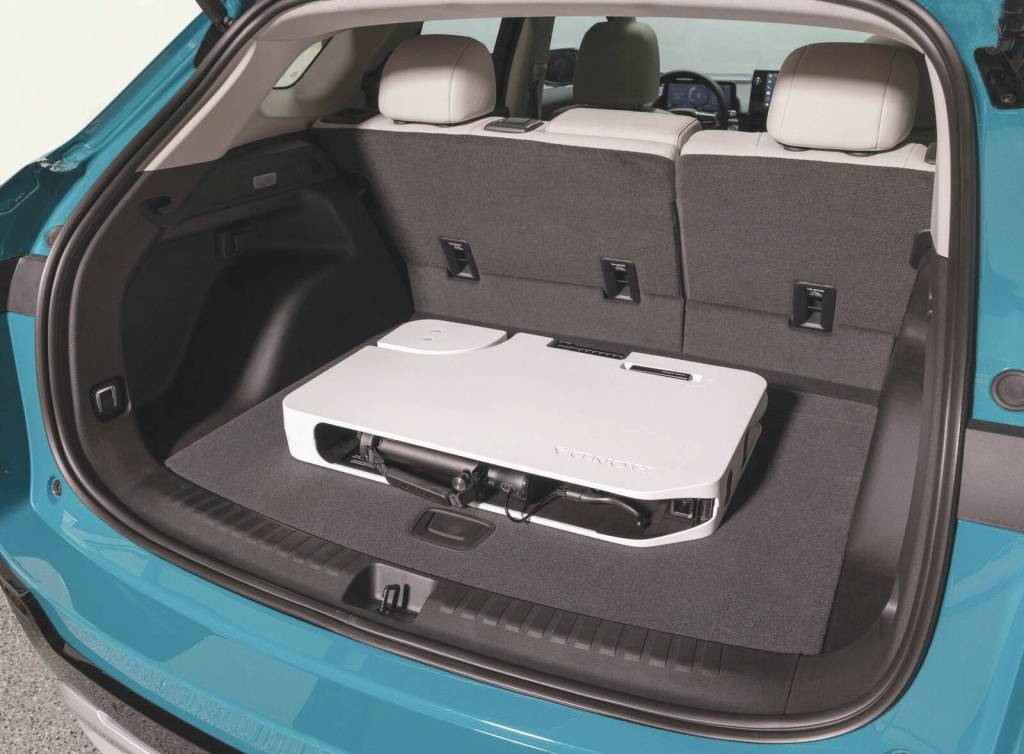 The Honda CR-V holds a significant advantage in cargo capacity over the Prologue, pictured, with the rear seat upright or folded flat. Note Honda’s foldable scooter, which is not standard equipment. PHOTO: HONDA