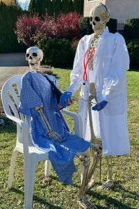 Slim and Boneita, the Peskelly Family skeletons, are active from their home in Trout Creek in Summerland. The skeletons make their appearance every year in October. (Summerland Review file photo)