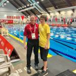 Spallumcheen Team BC swimmer Brea Duncan (right) meets up with Vernon swim official Ian Johnstone at the Canada Summer Games pool in St. John’s, NL., in August.