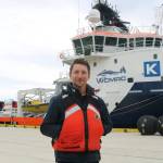Operations base manager Kyle Hujdic at Beecher Bay spill response centre, stands in front of the K.J. Gardner, the largest spill response vessel in Canada. (Ben Fenlon/Sooke News Mirror)