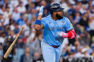 Toronto Blue Jays slugger Vladimir Guerrero Jr. flips his bat after homering in Game 4 of the 2025 World Series Monday, Oct. 28 at Dodger Stadium in Los Angeles. (https://x.com/BlueJays photo)