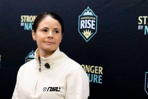 Northern Super League founder Diana Matheson speaks to the media on Friday, Oct. 24, in Vancouver. (Anna Burns/ Surrey Now-Leader)