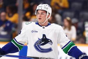 Vancouver Canucks defenceman Tom Willander, in action Monday, Nov. 3, 2025 against the Nashville Predators at Bridgestone Arena. (https://x.com/Canucks photo)