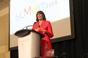 Shachi Kurl, president of the Angus Reid Institute, gives a keynote talk at the Vancouver Island Economic Summit on Thursday, Oct. 30, at Nanaimo’s Vancouver Island Conference Centre. (Greg Sakaki/News Bulletin)