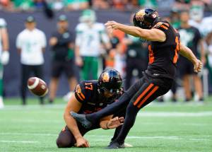 White Rock BC Lions kicker Sean Whyte in action vs. the Saskatchewan Roughriders at BC Place on July 19. Whyte and five of his teammates have been named to the CFL’s West Divison All-CFL team. (Jeff Vinnick/BC Lions photo) White Rock BC Lions kicker Sean Whyte in action vs. the Saskatchewan Roughriders at BC Place on July 19. Whyte and five of his teammates have been named to the CFL’s West Divison All-CFL team. (Jeff Vinnick/BC Lions photo)