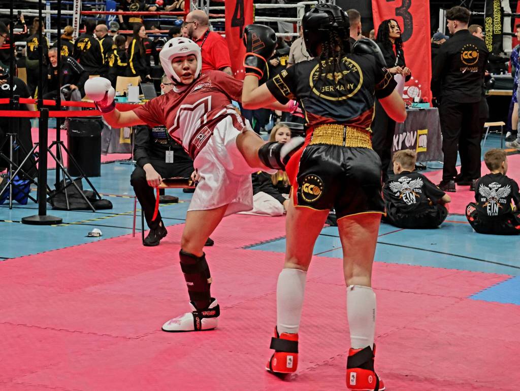 Niki Tevely won two bronze medals at the WKU World Karate Championships in Trier Germany, in the Kick Light, 65kg and Light Contact, 65kg categories. (Sam Raven photo)
