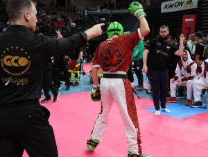 Karim Abu Khadra getting a point at the WKU World Karate Championships in Trier Germany. (Sam Raven)