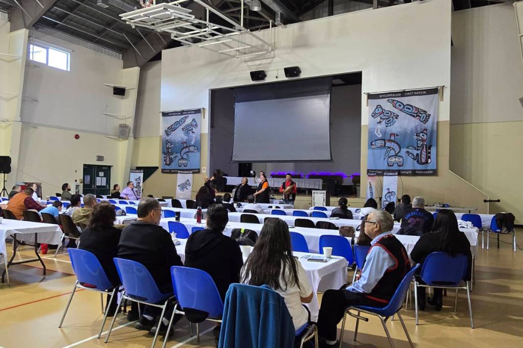 Members of the Kitsumkalum First Nation gather awaiting the outcome of the Treaty and Ratification vote on Nov. 1, 2025. (Kitsumkalum)